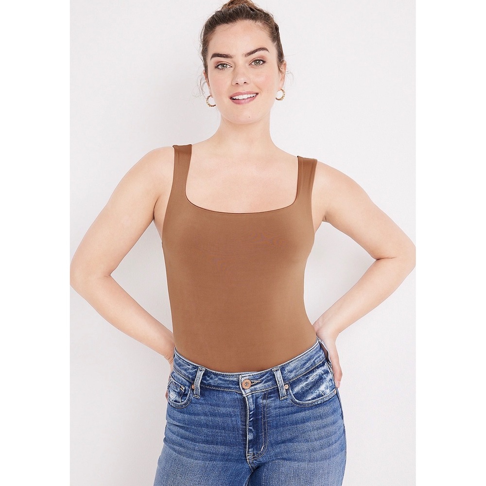 Edgely Slim Smooth Square Neck Sleeveless Bodysuit Womens 0X Brown